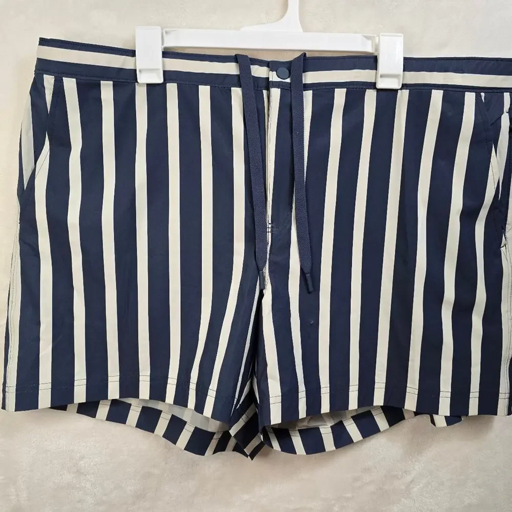 Vrst Striped resort swim shorts with navy and white vertical stripes NWT *FLAW*